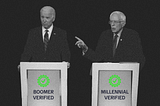 Joe Biden and Bernie Sanders at separate podiums that say “Boomer Verified” and “Millennial Verified” respectively.