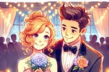 A watercolor of a guy and gal at the prom. She’s holding a corsage and he is looking at her lovingly.