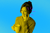 A photo illustration of a smiling woman on a phone call while holding a cup.