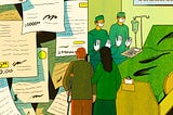 An illustration of a couple looking at a wall of medical bills next to an operating room where doctors are waiting.