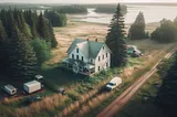 A serene rural landscape featuring an old two-story house surrounded by lush green trees, with a dirt road leading up to the property. The scene includes a calm lake in the background, several vehicles parked near the house, and a vast expanse of grassy fields under a soft golden sunrise or sunset light.