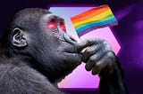 A digital collage of an ape with laser eyes holding a rainbow flag against a glowing pink hexagon atop a spacey sky.