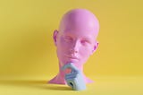 A 3D render of a human face with a finger on its chin, contemplative pose.