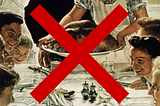 Cropped version of a Norman Rockwell painting of a family Thanksgiving dinner. A red X is drawn over the image.