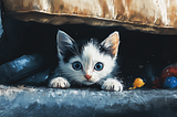 Adorable black and white kitten with big blue eyes peeks out from beneath furniture, surrounded by colorful toys. Perfect image for pet lovers and cat-themed content.