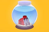 A pair of running shoes and a small house inside a fishbowl.