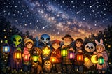 An AI-generated illustration of a group of smiling aliens, people and animals holding glowing lanterns on a starry night.