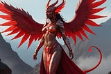 a goddess, tall and beautiful and commanding, with red scales for skin, flaming headress