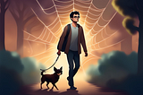 Illustration of a man with dark hair and glasses walking with a brown chihuahua on a leash near a large spider web handing between two bushes