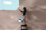 A girl paints the wall from a cloudy a clear blue sky.