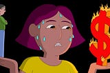 An illustration of a sweaty woman with her hands out, balancing a fiery dollar sign on one and her partner on the other.