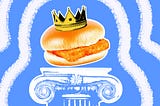 A photo illustration of a generic fish sandwich wearing a crown, placed on a pedestal.
