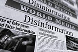 Image of a newspaper with headlines like “Use of fake news and false information,” and “Manipulation and propaganda.”