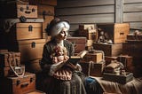 Sally, an elderly lady, sits surrounded by boxes with her muse, a porcelain doll, reading her long-lost journal.