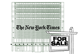 An illustration of the New York Times office building with a “For Sale” sign in front.