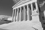 Black and white photograph of the US Supreme Court building in Washington, DC