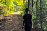 A young boy walks alone along a wooded trail surrounded by tall trees and green foliage. Sunlight filters through the canopy, illuminating the winding path ahead while the child walks away from the camera, creating a quiet and reflective scene.