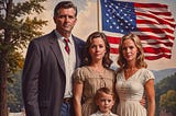 Picture of the Perfect American family comprised of a husband and wife, a daughter and a son. All of them standing before the flag waving proudly in the background.