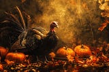 A dramatic Thanksgiving scene: A wild turkey stands proudly against a moody orange and black background, surrounded by bright orange pumpkins and autumn leaves. The lighting creates a cinematic, almost supernatural atmosphere, highlighting the turkey’s feathers and the harvest scene. #thanksgivingphotography #autumnscene #turkeyphotography #harvestseason