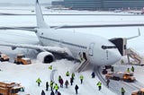 A plane is being off-loaded after leaving the runway in a snowstorm.