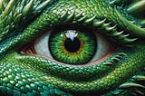 Close up of a green dragon’s green eye, detailed and vivid. — Image generated in NightCafeStudio.