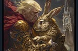 Tim Pool posts a painting of convicted felon Donald Trump in golden armor hugging a bunny as big as he is. But Tim doesn’t want you to call him and his accomplices “weird.”