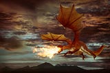 A CGI of a dragon breathing fire while flying in the air against a dark cloudy background.