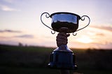 Child holding up a trophy against a sunset.