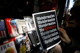 Misinformation newsstand in Manhattan. Person holds magazine that has “Misinformation” on the cover.