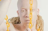 A close-up image of a man with white eyebrows and golden dreadlocks posing with a yellow chain wrapped around his arms and body. The backdrop is white.