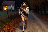Scared woman running down a dark country road at night, illuminated by a street light