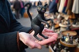 Digital illustration of a realistic 3D black cat with bright yellow eyes, standing upright on its hind legs, playfully raised in a human’s open palm against a blurred background of an outdoor flea market.