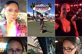 a collage of selfies of Karen Falcon in her taxi, at the Las Vegas sign, in her sound studio and being silly