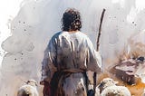 An AI-generated image of the rear view of a dark-haired man wearing a long white robe and holding a thin staff walking over rocky terrain with sheep at his side.