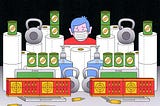 An illustration of a man wearing a face mask, surrounded by a stockpile of toilet paper, weapons ammo, kettlebells, and cans.