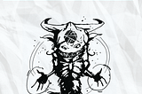 Page 125 of Index Card RPG: Master Edition. The page header reads: “Monster Tables”. The majority of the page features a floating demon-like monster with an enormous head with a magic sigil on its forehead. The creature as bull-like horns, three-fingered hands — with magic auras around them, and a tail. At the bottom is an index card with text that reads: “To randomly select monsters, their tactics, abilities, and oddities, turn to the tables section at the end of this book!”