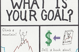 Three-panel cartoon: Top Panel contains the title: What Is Your Goal? Lower left panel contains a thought bubble showing a man on top of a mountain. Lower right panel contains a thought bubble of money being exchanged for a book titled “Climb”.