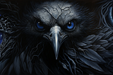 A raven with bright blue eyes is in the center. On the sides, there are circular designs with stars inside. The black background pattern blends with the bird’s feathers. The whole image has a dark and mysterious feel.