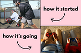 A split screen when says “how it started” and points at street hockey, then “How it’s going” points at video games