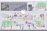 An illustration of an Apple Store with different screening rooms portraying a new movie watching experience.
