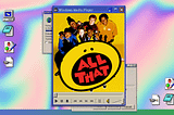 All That cast and logo on a Windows 95 desktop with a rainbow gradient background.