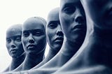 A photo of five sculpture-like human faces.