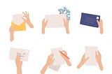 6 drawings of hands holding envelopes: opening envelope, holding by flowers, holding addressed envelope, writing.