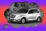 A black and white photo of a PT Cruiser photoshopped onto a thought bubble.