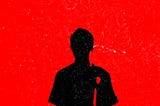 An illustration of a black silhouette of a young man against a bright red background.