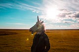 A man wearing a unicorn mask standing in a sunny field.