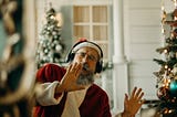 Man wearing headphones, dressed as Santa Claus, singing and dancing outside his home with decorated Christmas trees in the background