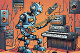 A robot holding a guitar, in a room with speakers, amplifiers and a piano keyboard.