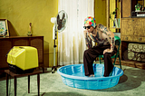 A man finds relief from the heat of summer with a swim cap and a kiddie pool in his living room
