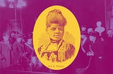 Photo illustration of a portrait of Ida B. Wells against a background image of women voters.